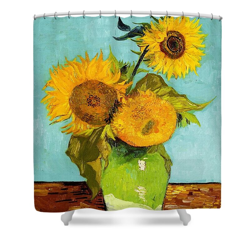 Van Gogh Shower Curtain featuring the painting Three Sunflowers In A Vase by Vincent Van Gogh