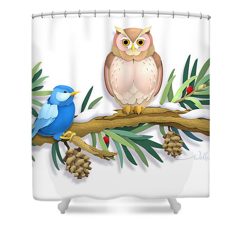 Owl Shower Curtain featuring the digital art Three Watchful Friends by Randy Wollenmann