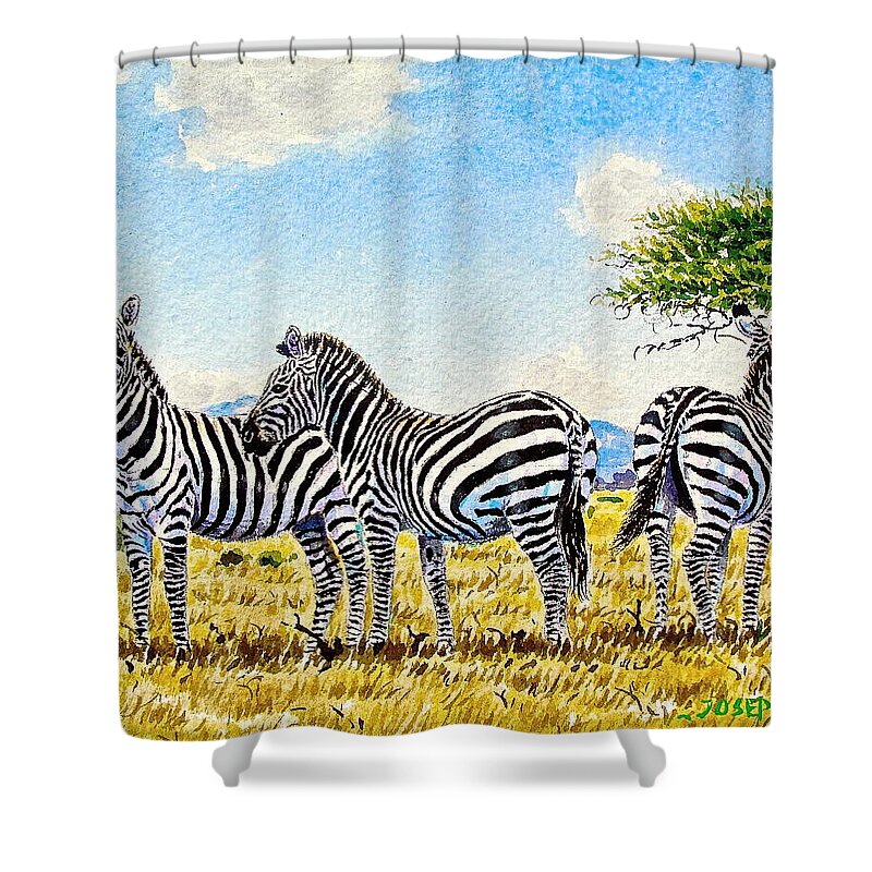 African Paintings Shower Curtain featuring the painting Three Zebras by Joseph Thiongo