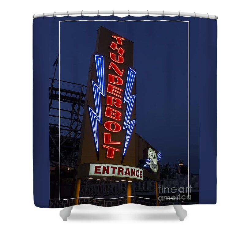 Amusement Shower Curtain featuring the photograph Thunderbolt Rollercoaster Neon Sign by Edward Fielding