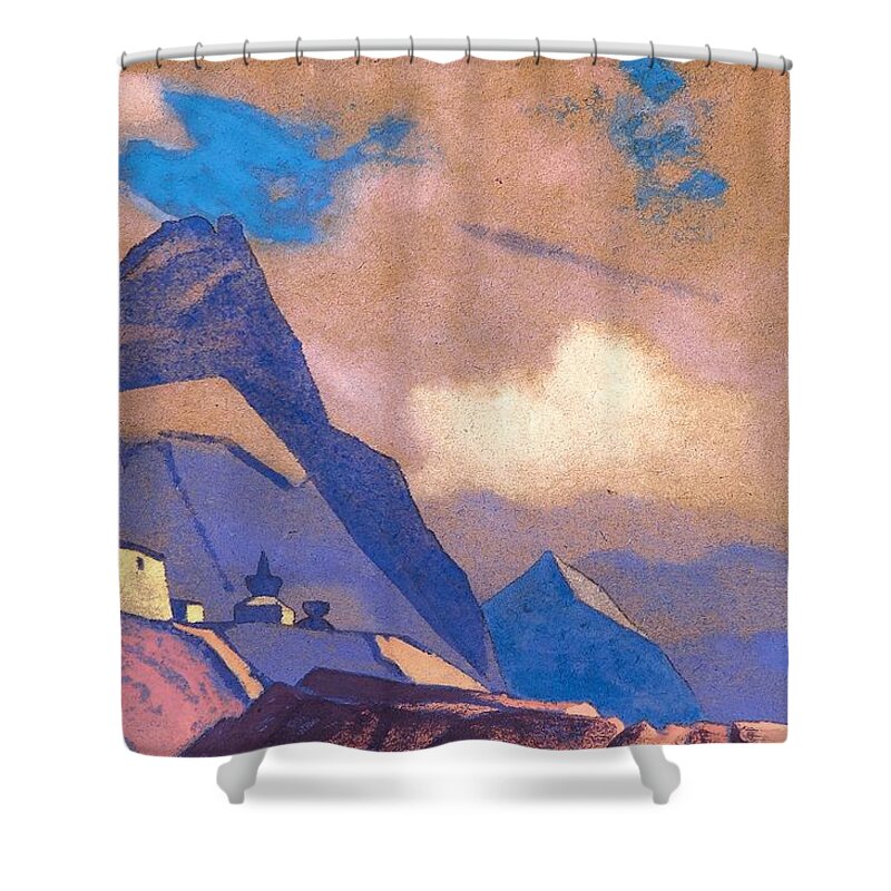 1936 Shower Curtain featuring the painting Tibet - Near the Brahmaputra by Nicholas Roerich
