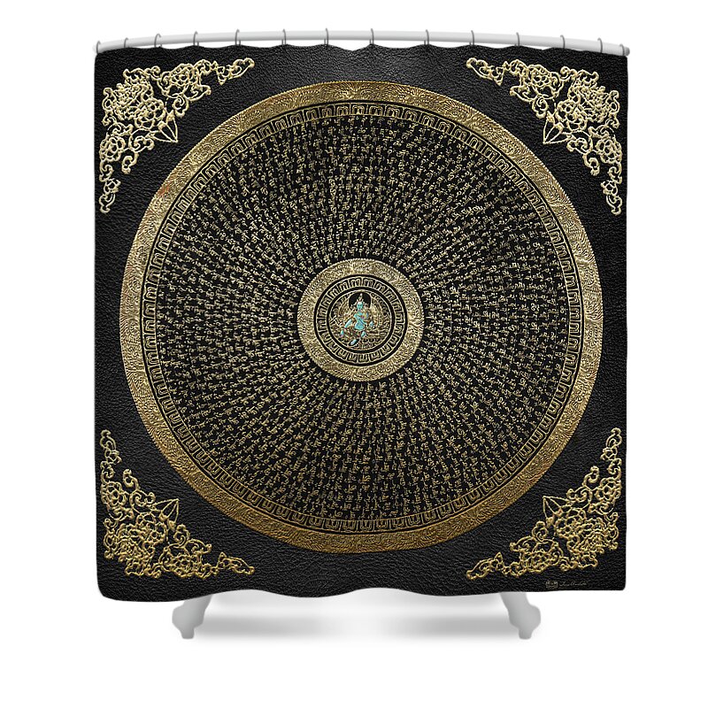 'treasures Of Tibet' Collection By Serge Averbukht Shower Curtain featuring the digital art Tibetan Thangka - Green Tara Goddess Mandala with Mantra in Gold on Black by Serge Averbukh