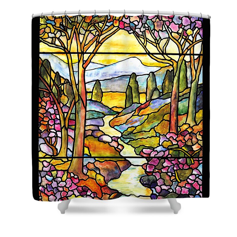 Stained Glass Paintings Shower Curtain featuring the painting Tiffany Landscape Window by Donna Walsh