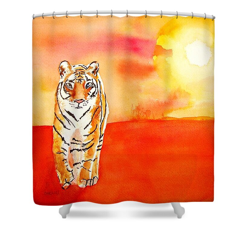 Tiger Shower Curtain featuring the painting Tiger and Fiery Sun watercolor by Carlin Blahnik CarlinArtWatercolor