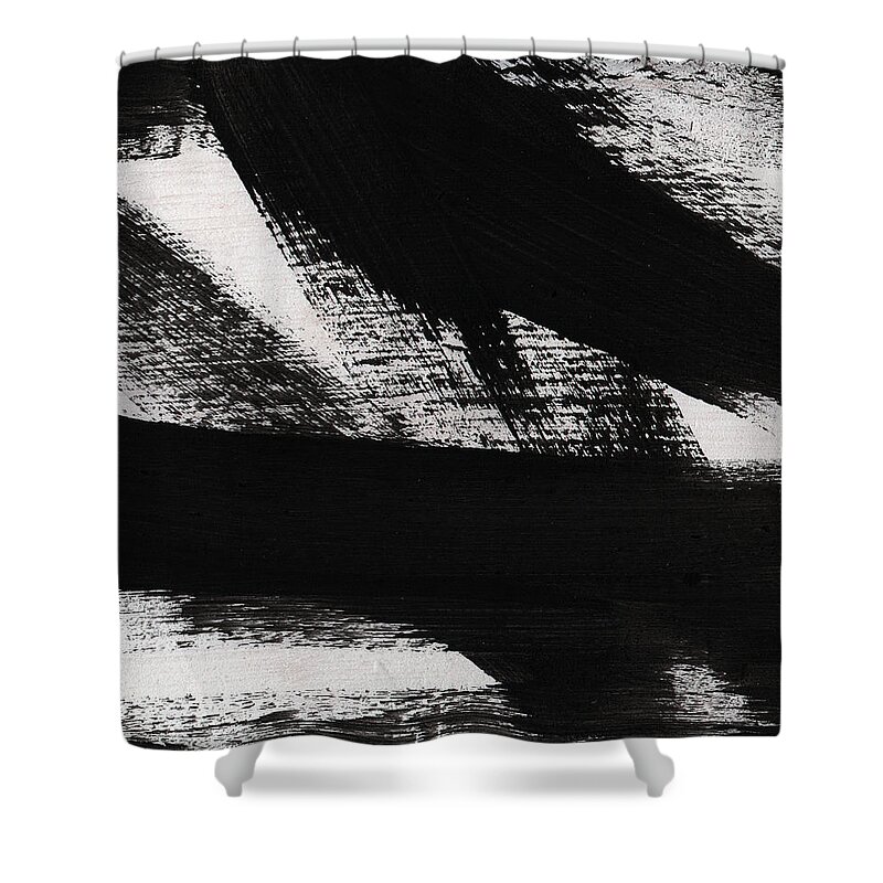 Black And White Abstract Shower Curtain featuring the painting Timber 2- horizontal abstract black and white painting by Linda Woods