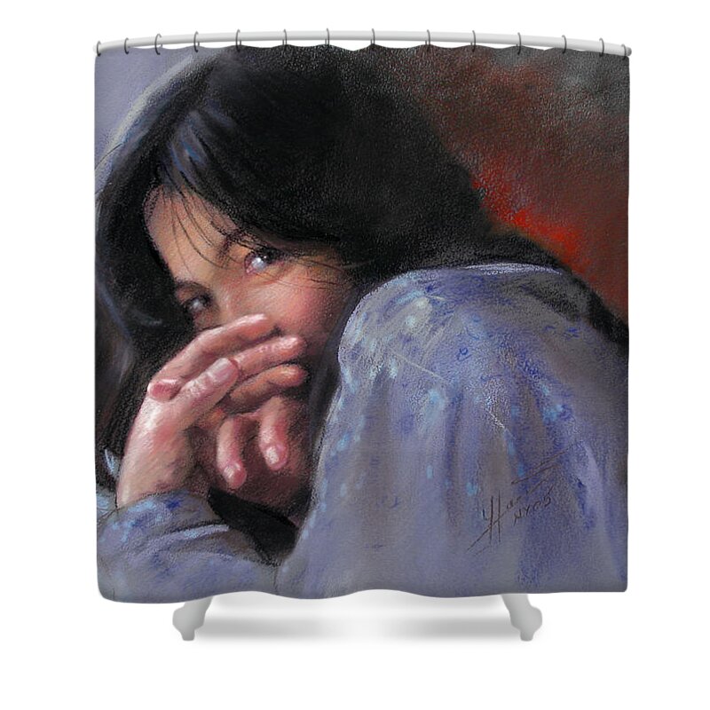 Timid Girl Shower Curtain featuring the pastel Timid Girl by Ylli Haruni