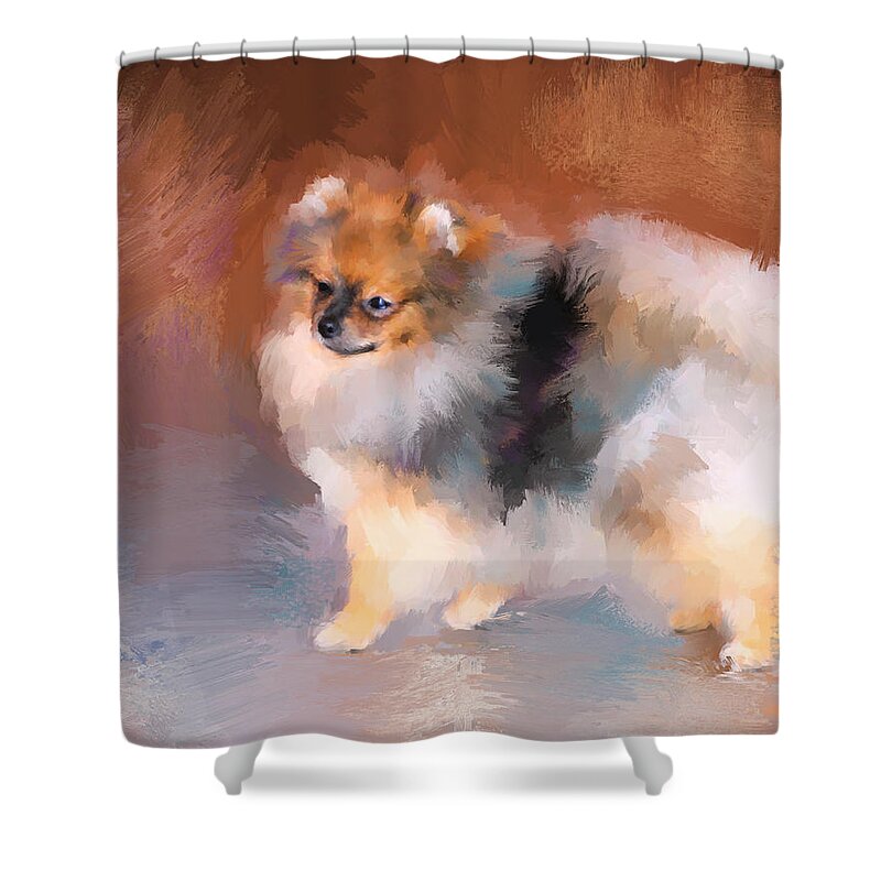 Animal Shower Curtain featuring the painting Tiny Pomeranian by Jai Johnson