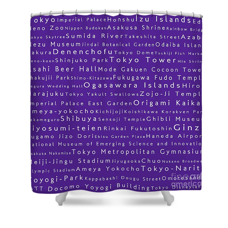 City Shower Curtain featuring the digital art Tokyo in Words Purple by Sabine Jacobs
