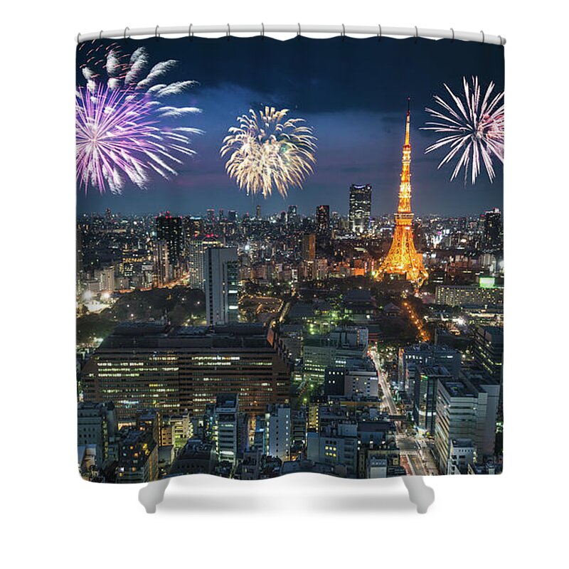 Tokyo Tower Shower Curtain featuring the photograph Tokyo Skyline With The Tokyo Tower For by Franckreporter