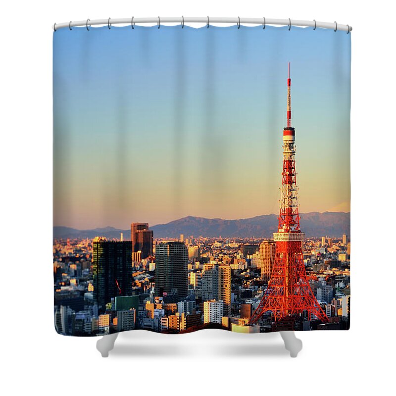 Tokyo Tower Shower Curtain featuring the photograph Tokyo Tower And Mt Fuji At Sunrise by Vladimir Zakharov