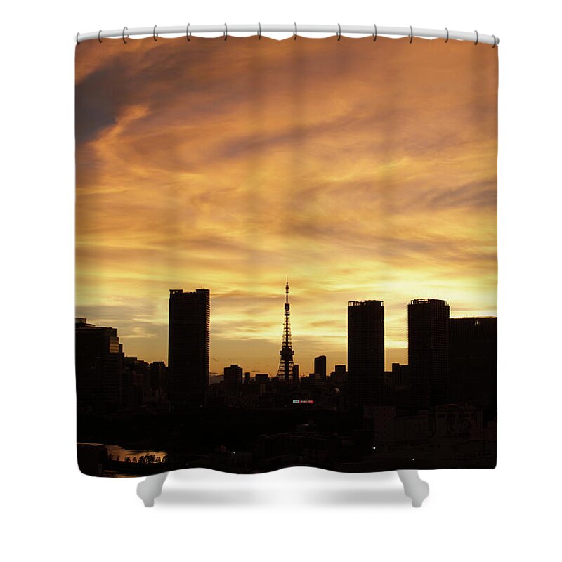 Tokyo Tower Shower Curtain featuring the photograph Tokyo Tower At Sunset by Keiko Iwabuchi