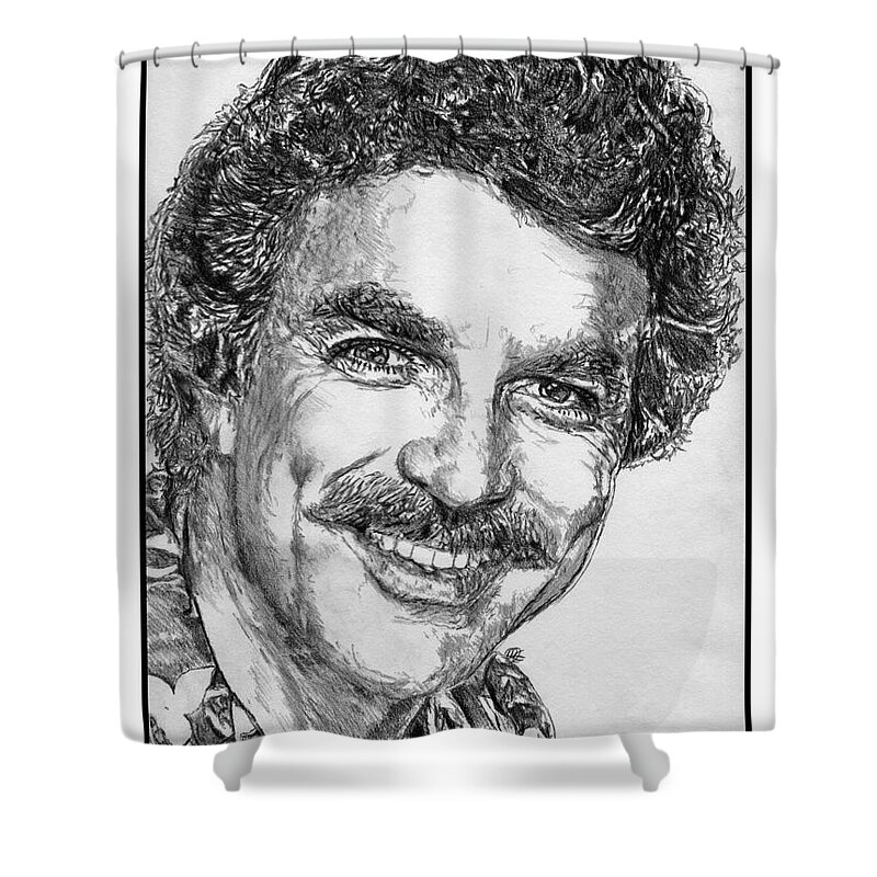 Tom Selleck Shower Curtain featuring the drawing Tom Selleck in 1984 by J McCombie
