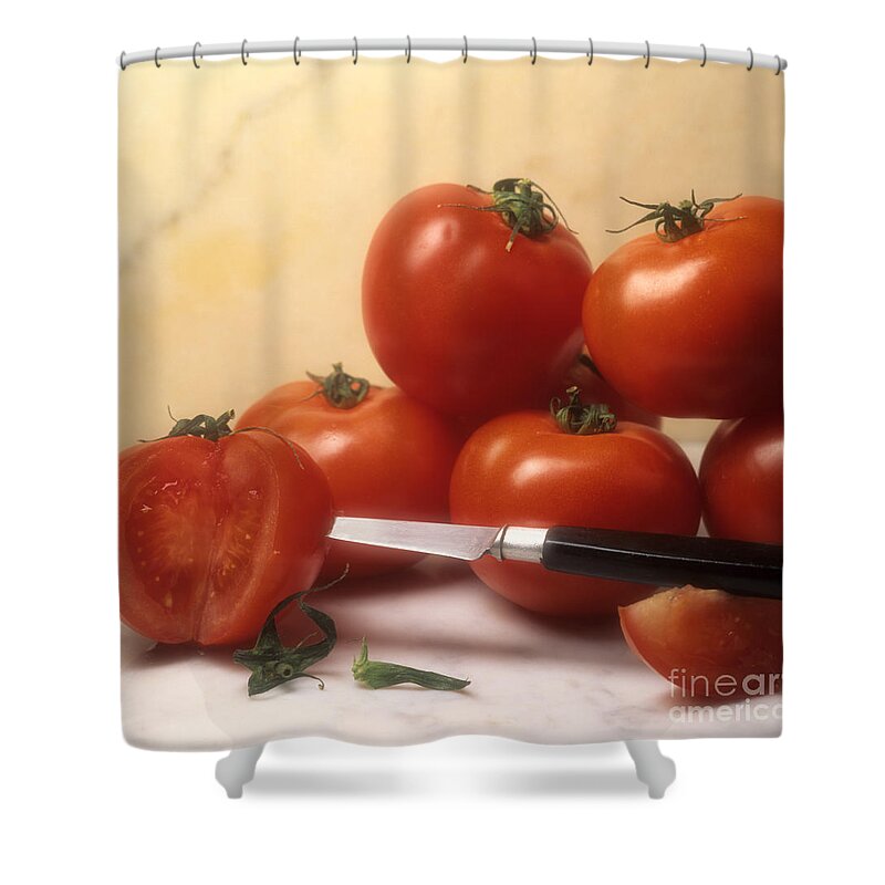 Cut Food Indoors Indoor Inside Knife Knives Nobody Nutrition Sharp Sliced Solanum Lycopersicum Shower Curtain featuring the photograph Tomatoes and a knife by Bernard Jaubert