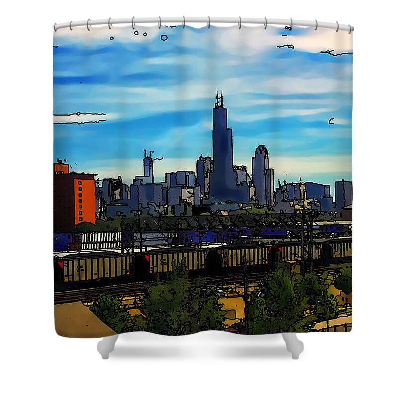 Toon Chicago Images Shower Curtain featuring the digital art Toon Chicago from the train yards by Flees Photos