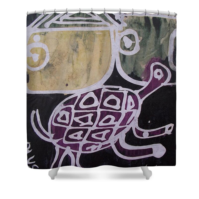 Tortoise Shower Curtain featuring the mixed media Tortoise the cunning animal in the village by Okunade Olubayo