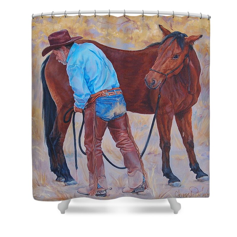 Western Shower Curtain featuring the painting Turn about is fair play by Christine Lytwynczuk