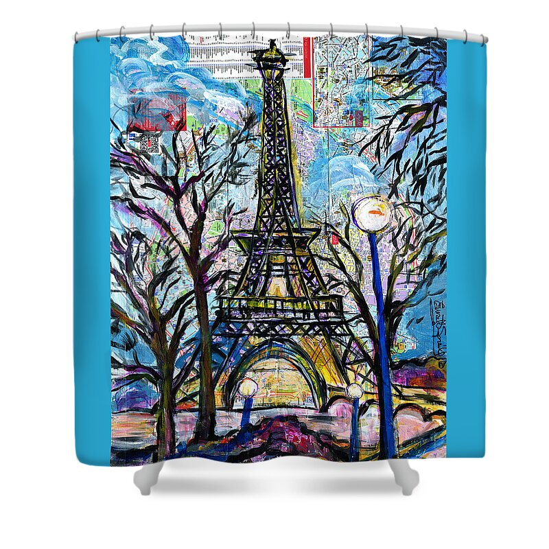 African Mask Shower Curtain featuring the painting Tour Eiffel Vue de l'Aquarium by Everett Spruill