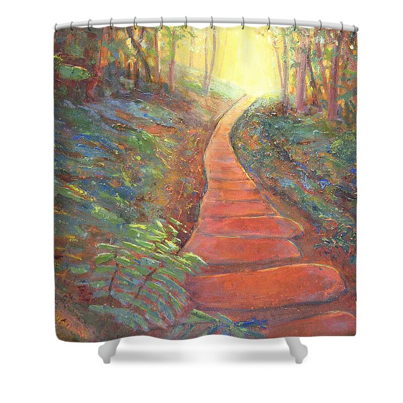 Woods Shower Curtain featuring the painting Towards the Light by Robie Benve