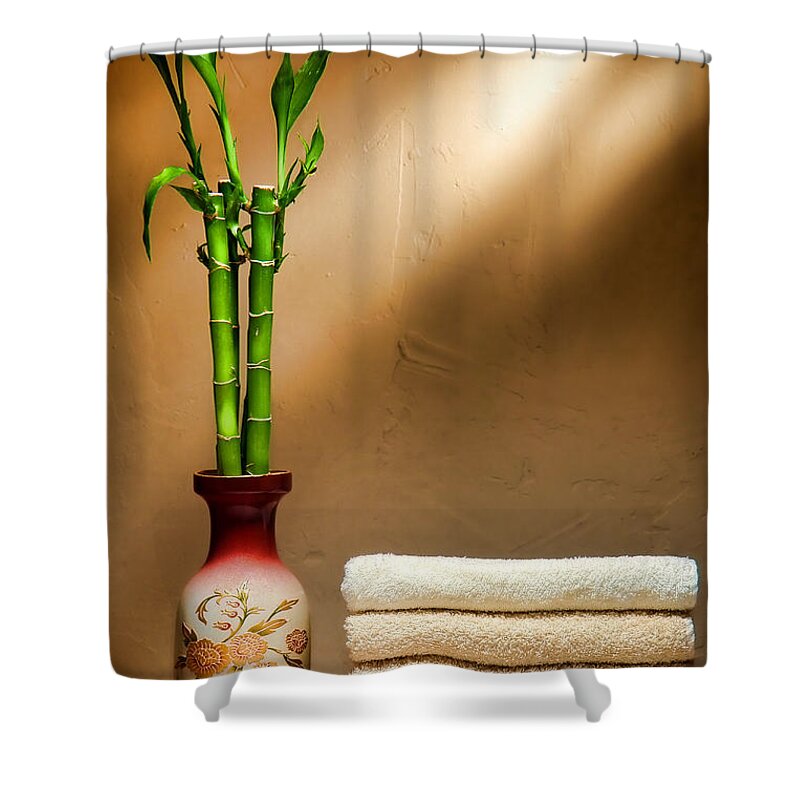 Towels Shower Curtain featuring the photograph Towels and Bamboo by Olivier Le Queinec