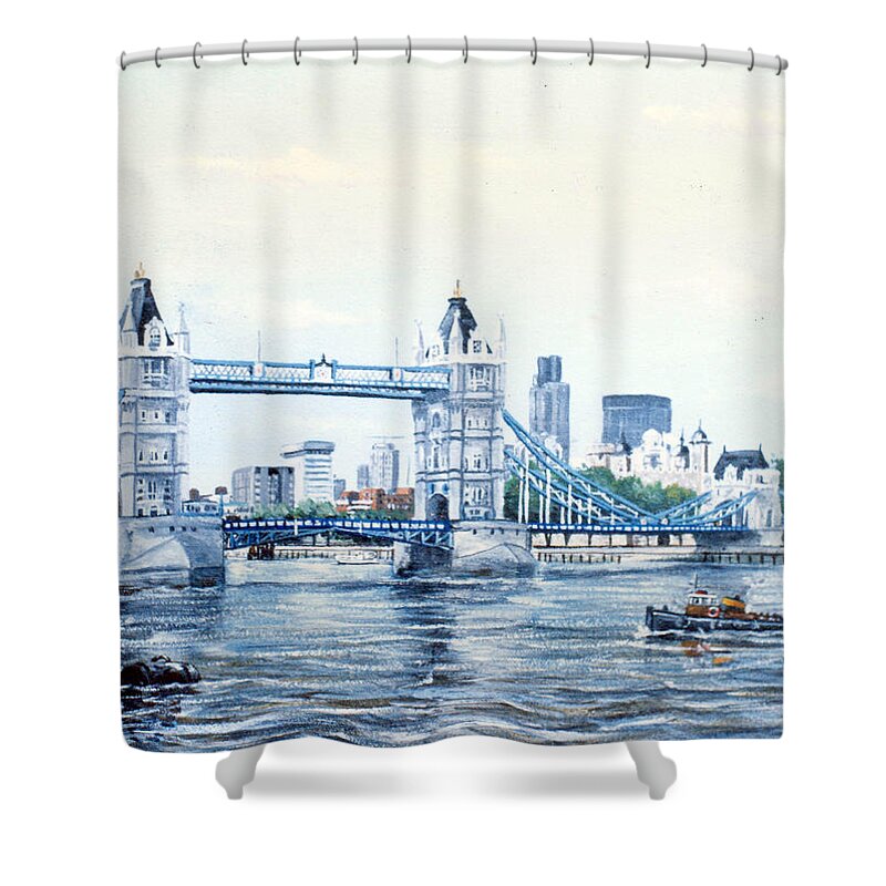 Tower Bridge Shower Curtain featuring the painting Tower Bridge and The City of London by Mackenzie Moulton