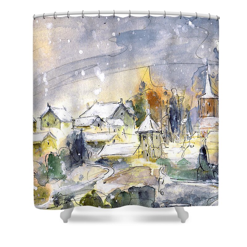 Travel Shower Curtain featuring the painting Town By The Rhine Falls In Switzerland by Miki De Goodaboom