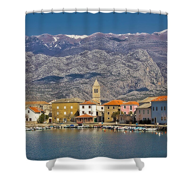 Croatia Shower Curtain featuring the photograph Town of Vinjerac waterfrot view by Brch Photography