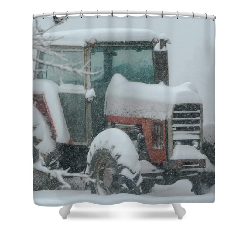 Snow Shower Curtain featuring the photograph Tractor in the Snow by Holden The Moment