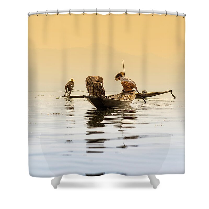 Straw Hat Shower Curtain featuring the photograph Traditional Fishermen On Inle Lake by Merten Snijders