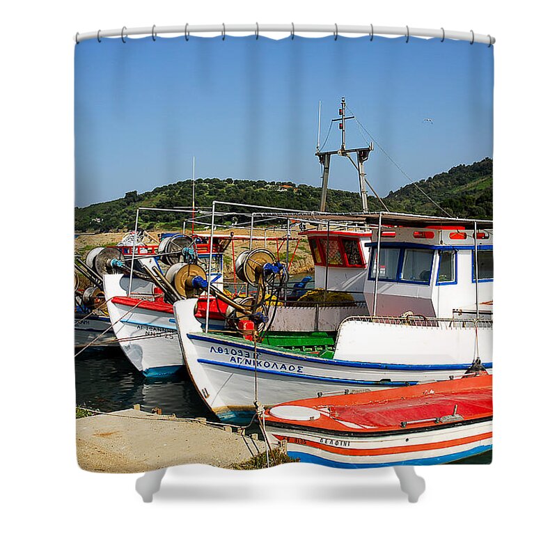 Europe Shower Curtain featuring the photograph Traditional Greek Boats by Roy Pedersen