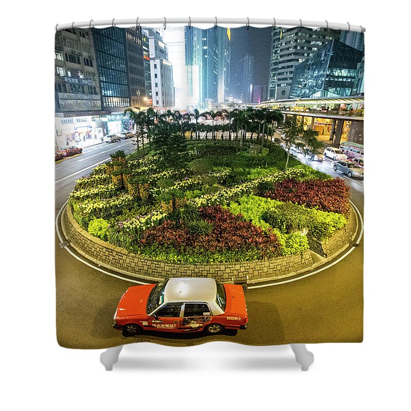 Outdoors Shower Curtain featuring the photograph Traffic Around A Planted Roundabout In by James Morgan