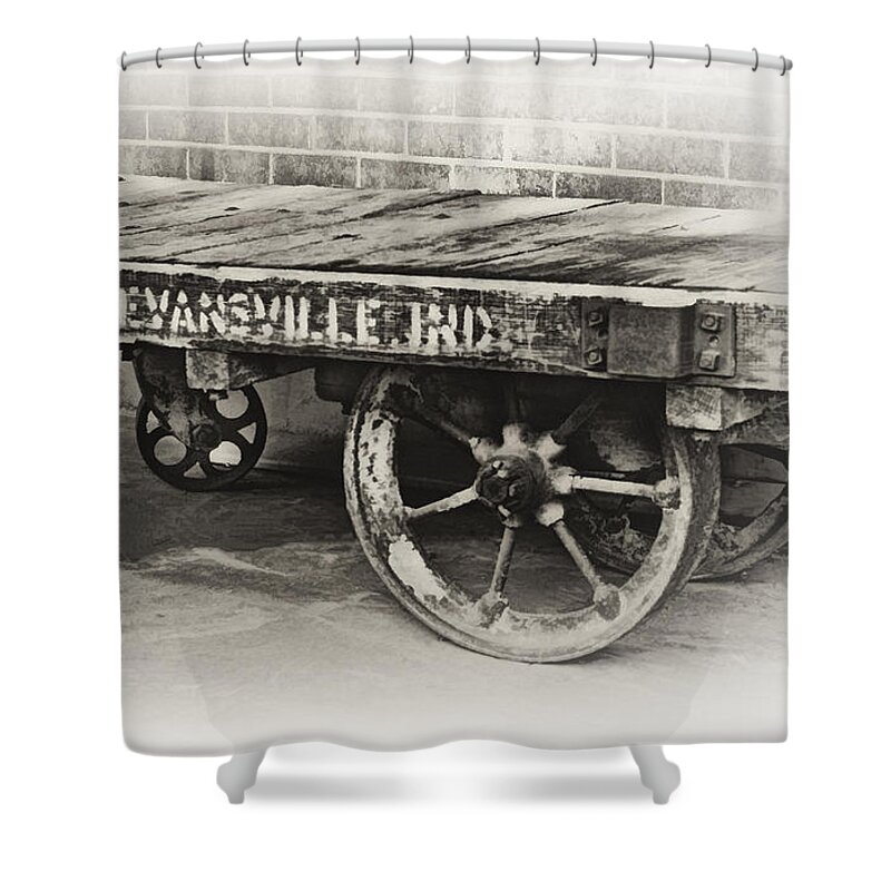 Train Depot Baggage Cart In High Key B/w Shower Curtain featuring the photograph Train Depot Baggage Cart in high key b/w by Greg Jackson