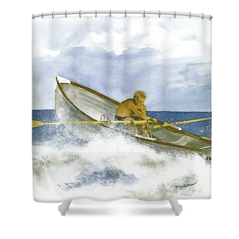 Lifeguard Boat Shower Curtain featuring the painting Training by Nancy Patterson