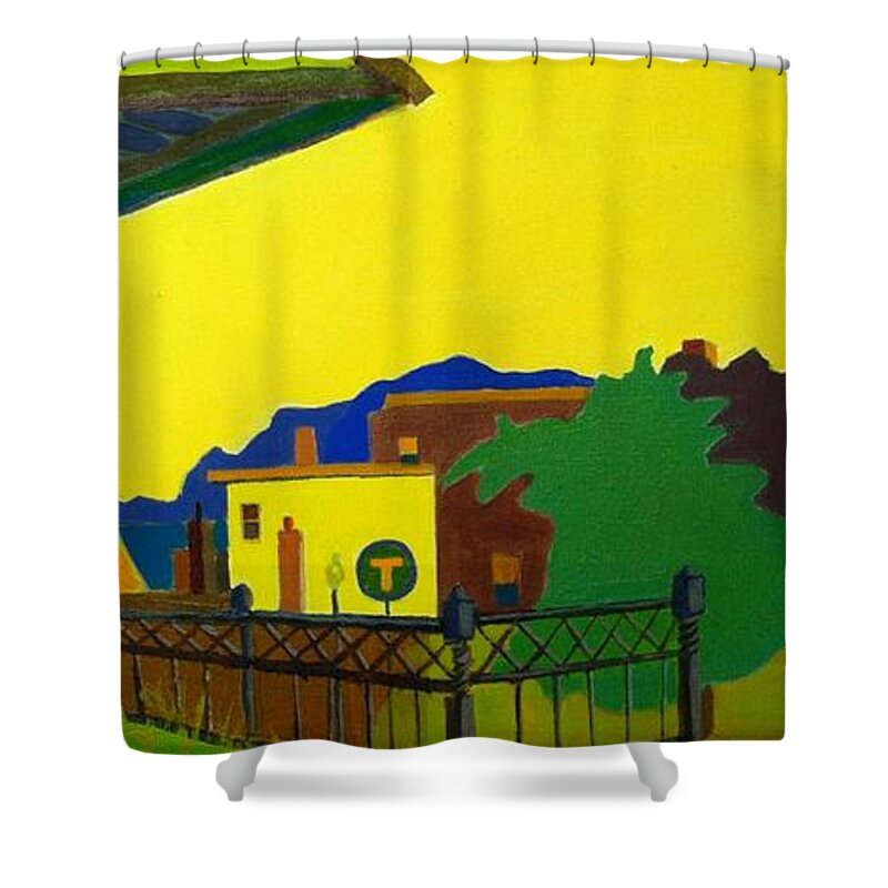 Landscape Shower Curtain featuring the painting Trainstop by Debra Bretton Robinson