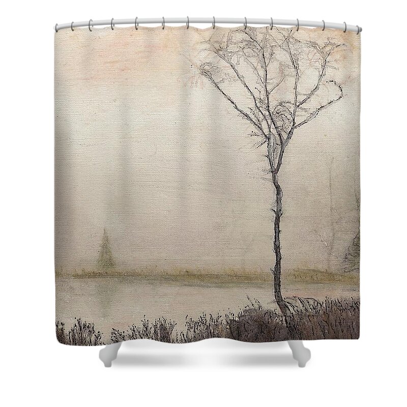 Nature Shower Curtain featuring the mixed media Tranquil Morning by Cara Frafjord