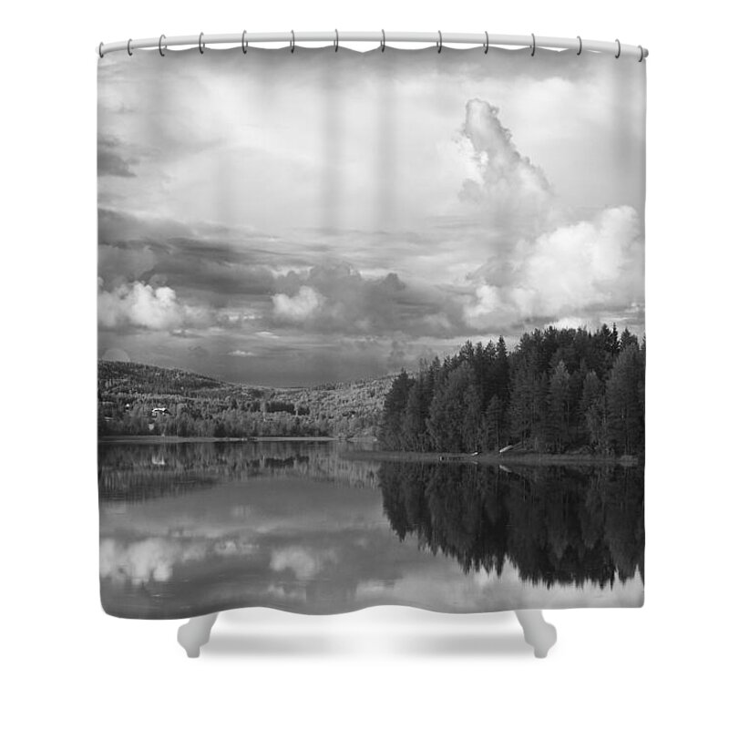 Away From It All Shower Curtain featuring the photograph Tranquil summer lake - monochrome by Ulrich Kunst And Bettina Scheidulin