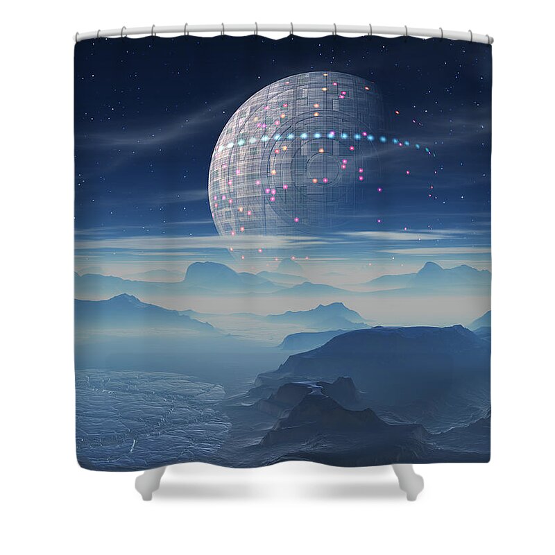 Alien Landscape Shower Curtain featuring the digital art Tranus Alien Planet with Satellite by Judi Suni Hall