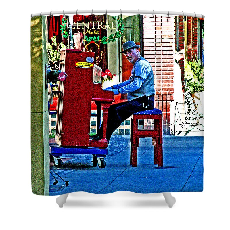 Playing The Blues Shower Curtain featuring the digital art Traveling Piano Player by Joseph Coulombe
