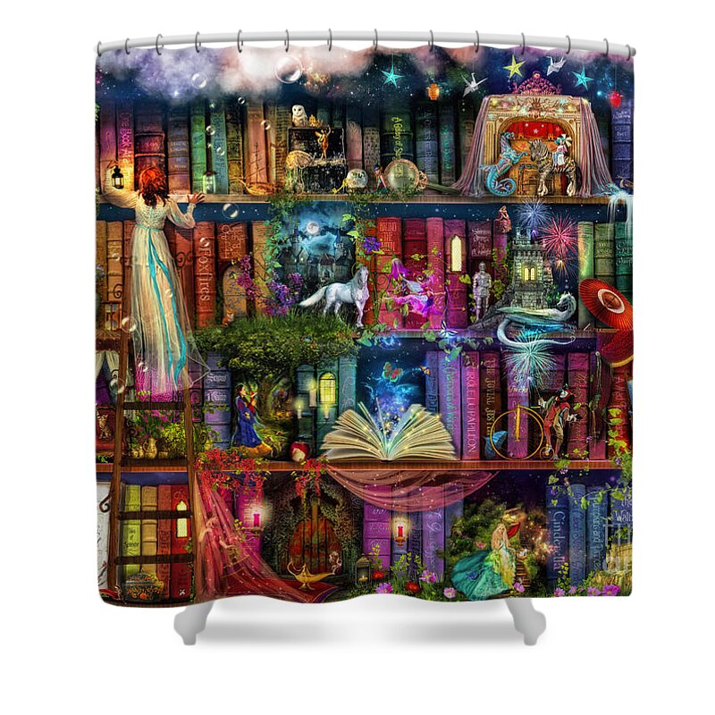 Fairytale Shower Curtain featuring the digital art Fairytale Treasure Hunt Book Shelf by MGL Meiklejohn Graphics Licensing