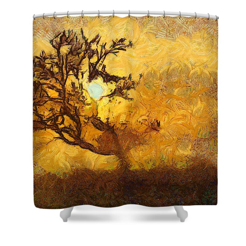 Tree Shower Curtain featuring the photograph Tree at sunset - digital painting in van gogh style with warm orange and brown colors by Matthias Hauser