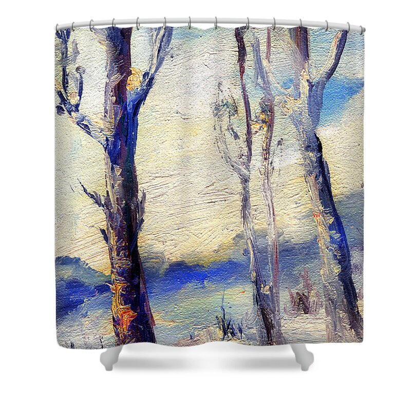 Trees Shower Curtain featuring the painting Trees in winter by Daliana Pacuraru