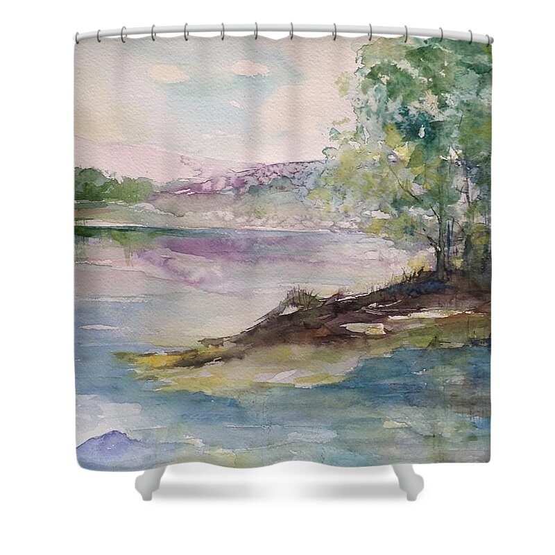 Water Shower Curtain featuring the painting Trees on Water's Edge by Robin Miller-Bookhout