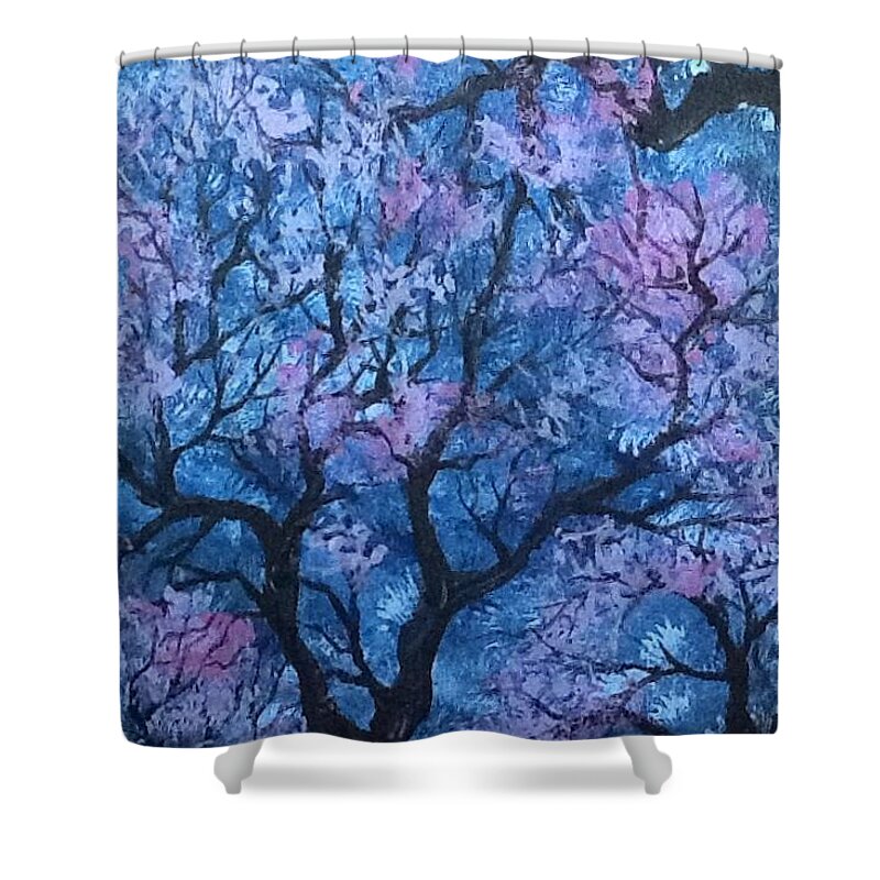 Trees Shower Curtain featuring the painting Treetop blues by Megan Walsh