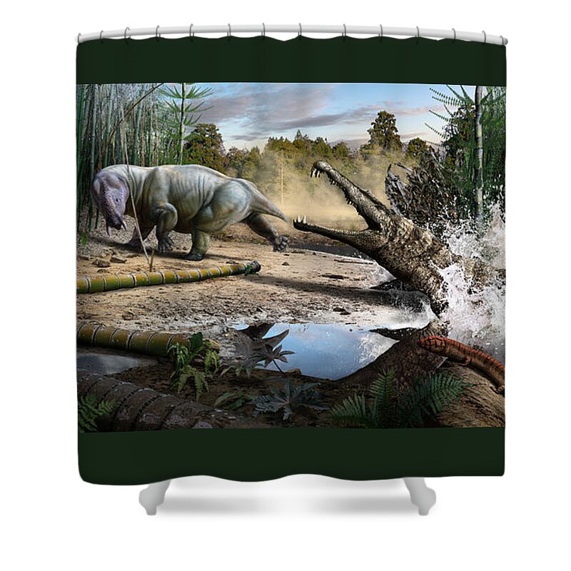 Dinosaur Shower Curtain featuring the digital art Triassic mural 1 by Julius Csotonyi