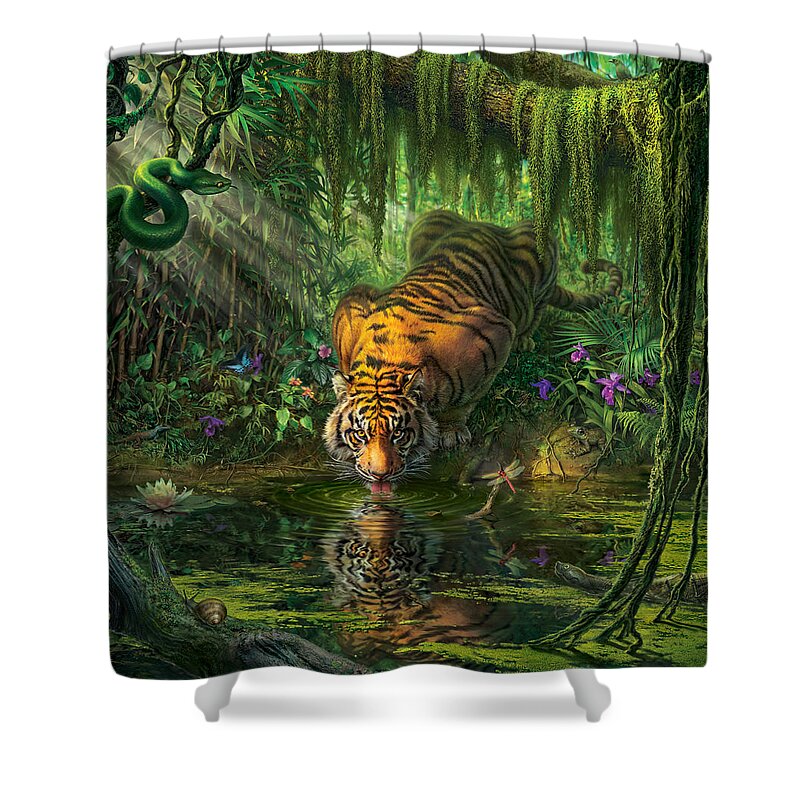 Bambootiger Dragonfly Butterfly Bengal Tiger India Rainforest Junglefredrickson Snail Water Lily Orchid Flowers Vines Snake Viper Pit Viper Frog Toad Palms Pond River Moss Tiger Paintings Jungle Tigers Tiger Art Shower Curtain featuring the digital art Aurora's Garden by Mark Fredrickson