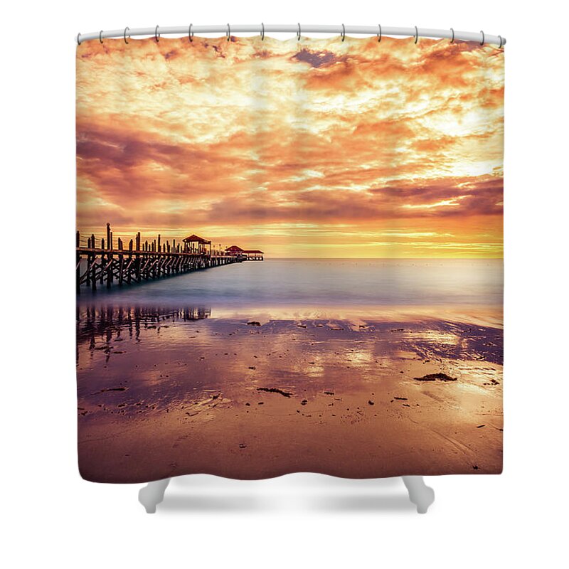 Water's Edge Shower Curtain featuring the photograph Tropical Sunset On The Ocean And Pier by Zodebala