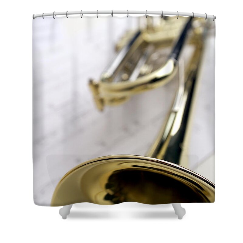 Trumpet Shower Curtain featuring the photograph Trumpet on Music #1 by Jon Neidert