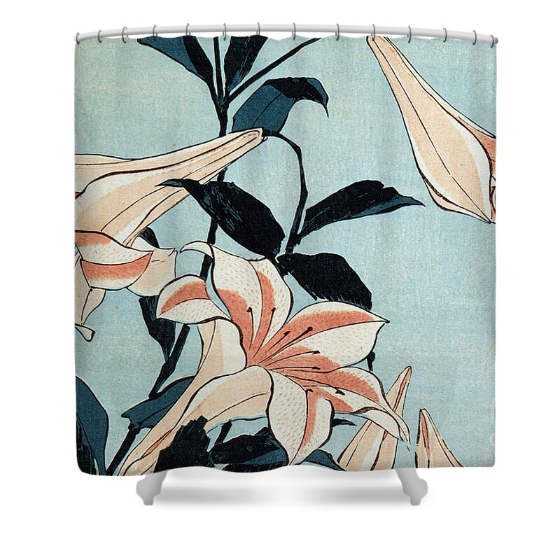 Flower Shower Curtain featuring the painting Trumpet Lilies by Hokusai