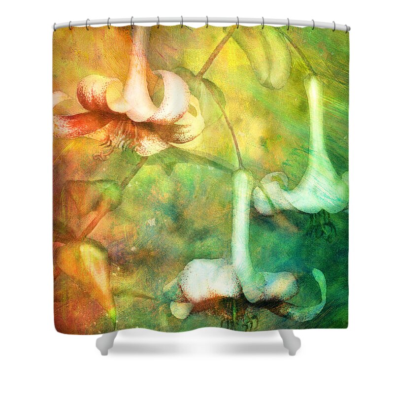 Impressionism Shower Curtain featuring the painting Trumpet Lilies In A Magical Forest by Georgiana Romanovna