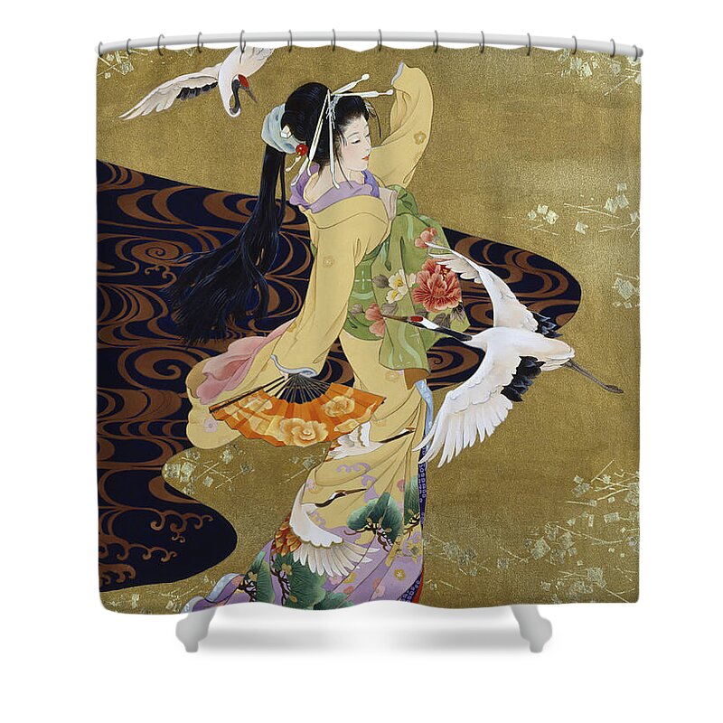 Haruyo Morita Shower Curtain featuring the digital art Tsuru No Mai by MGL Meiklejohn Graphics Licensing