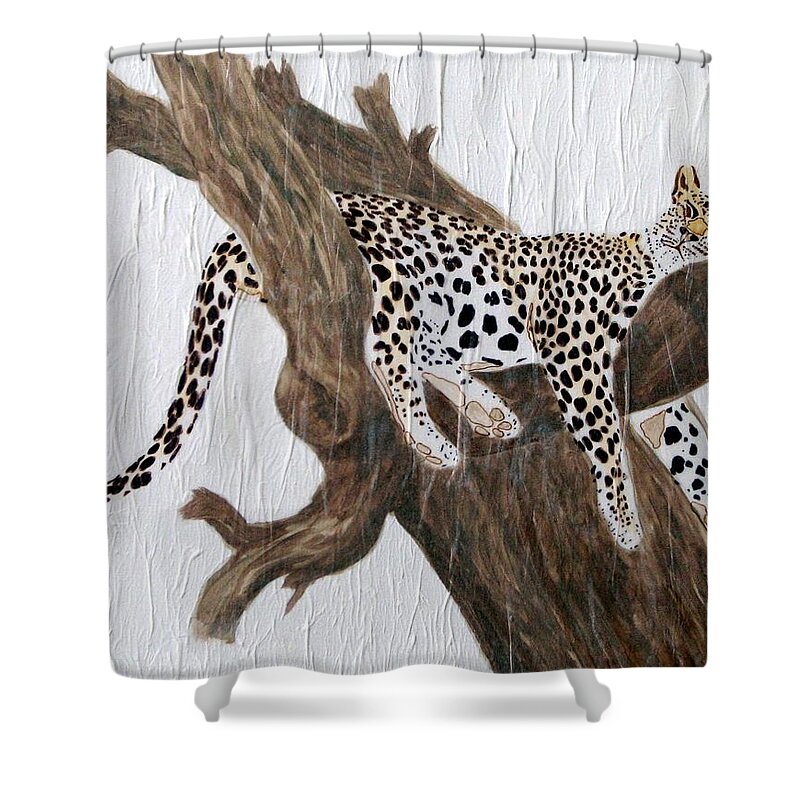 Leopard Shower Curtain featuring the painting Tuckered Out by Stephanie Grant